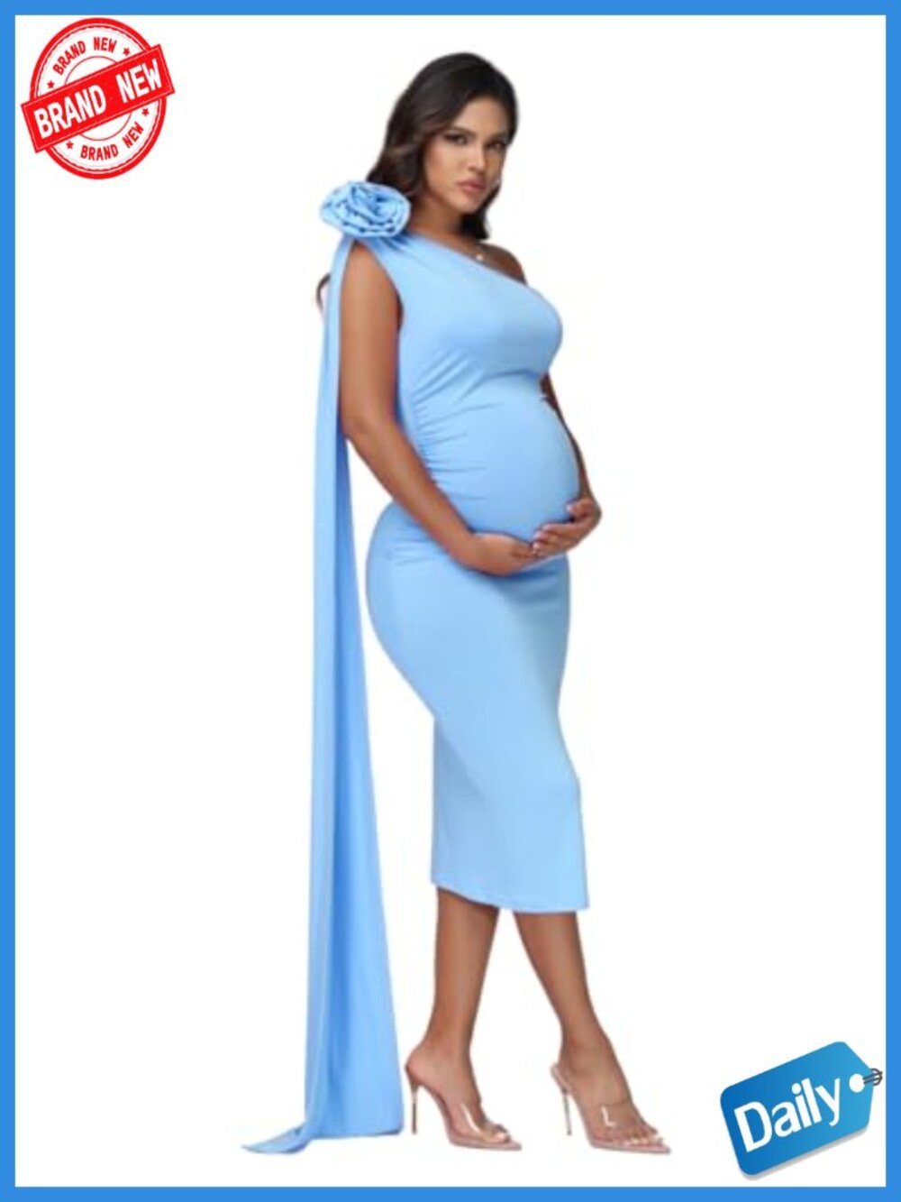 Maternity One Shoulder Floral Patch Floating Sleeves Bodycon Midi Dress for